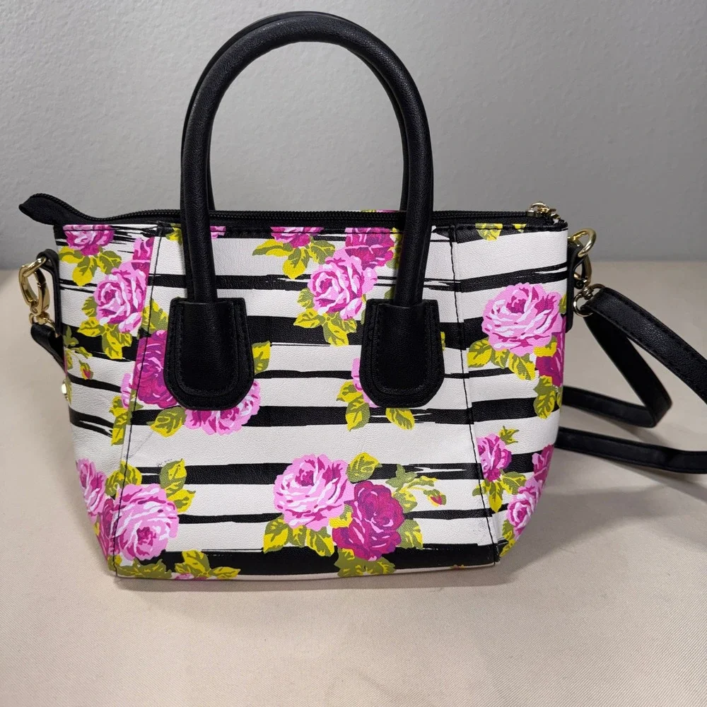 Luv Betsey by Betsey Johnson Small Floral Striped Crossbody Bag Black Pink Girly